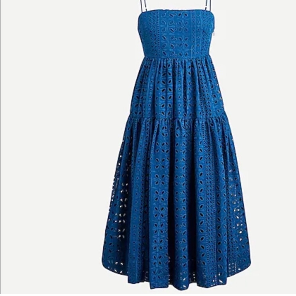 NWT J. Crew Blue tie-back, eyelet dress with adjustable spaghetti straps. Size 2